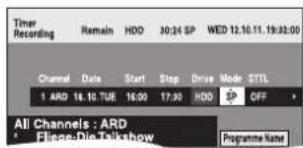 Timer Recording Remain HDD 30:24 SP WED 12.10.11.19:32:00 Channel Date Start Stop Drive Mode STL 1 ARD 16.10.TUE 16:00 17:30 HDD OFF All Channels : ARD • Flings-Die-Talkshow Programme Name