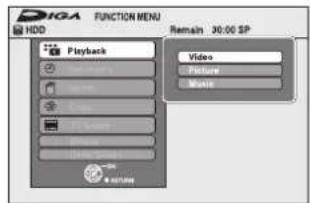 DIGA FUNCTION MENU HDD Playback Video Picture Music