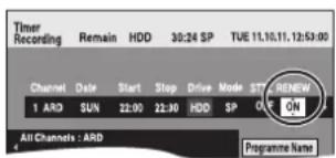 Timer Recording Remain HDD 30:24 SP TUE 11.10.11.12:53:00 Channel Date Start Stop Drive Mode STT RENEW 1 ARD SUN 22:00 22:30 HDD SP ON All Channels : ARD Programme Name