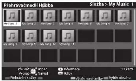 Přehrávačmedli Húðba Složka > My Music_1 My Song_1 My Song_2 My Song_3 My Song_4 My Song_5 My Song_6 My Song_7 My Song_8 My Song_9 My Song_10 My Song_11 Přehrát: Xonec Informace SD karta Výbrat: Kávrat Volby Výběr mechaniky Výběr closahu Přehrávání slážky