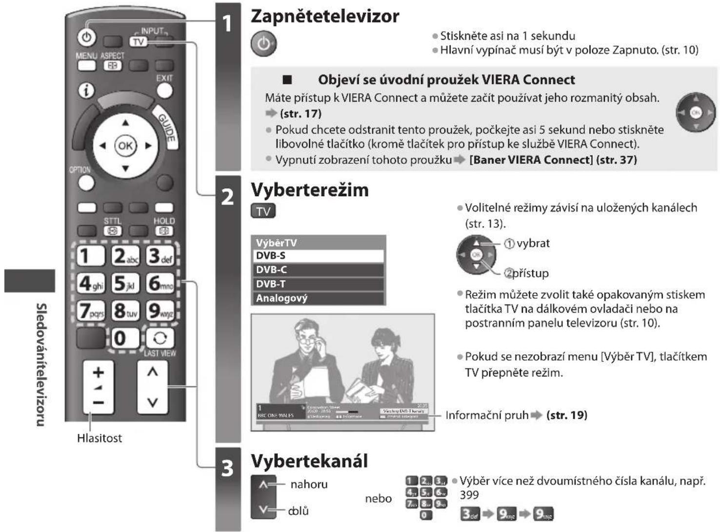 Zapnětetelevizor Stiskněte asi na 1 sekundu Hlavní vypínač musí být v poloze Zapnuto. (str. 10) Objeví se úvodní proužek VIERA Connect Máte přístup k VIERA Connect a můžete začít používat jeho rozmanitý obsah. (str. 17) Pokud chcete odstranit tento proužek, počkejte asi 5 sekund nebo stiskněte libovolné tlačítko (kromě tlačítek pro přístup ke službě VIERA Connect). Vypnutí zobrazení tohoto proužku [Baner VIERA Connect] (str. 37) Vyberterežim TV Volitelné režimy závisí na uložených kanálech (str. 13) VýběrTV DVB-S DVB-C DVB-T Analogový ① vybrat ② přístup Režim můžete zvolit také opakovaným stiskem tlačítka TV na dálkovém ovladači nebo na postranním panelu televizoru (str. 10). Pokud se nezobrazí menu [Výběr TV], tlačítkem TV přepněte režim. Informační pruh (str. 19) Sledovánitelevizoru Hlasitost Vybertekanál nahoru dlů nebo Výběr více než dvoumístného čísla kanálu, např. 399 3 def → 9 myo → 9 myo