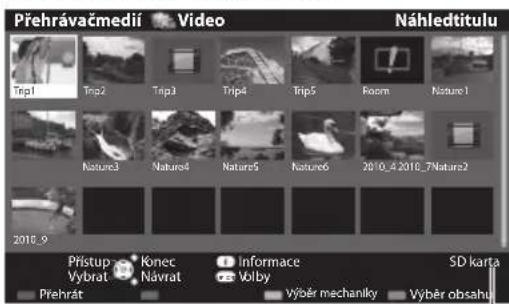 Přehrávačmedií Video Náhledtitulu Trip1 Trip2 Trip3 Trip4 Trip5 Room Nature 1 Nature3 Nature4 Nature5 Nature6 2010_4 2010_7 Nature2 2010_9 Přístup Konec Informace SD karta Vybrat Návrat Volby Přehrát Výběr mechaniky Výběr obsahu