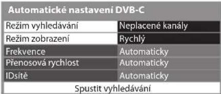 Automatické nastavení DVB-C Režim vyhledávání Neplacené kanály Režim zobrazení Rychlý Frekvence Automaticky Přenosová rychlost Automaticky IDsítě Automaticky Spustit vyhledávání