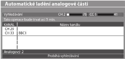 Automatické ladění analogové části Vyhledávání CH 2 ■ 78 CC 1 41 Tato operace bude trvat asi 3 min. KANÁL Názav kanálu CH 29 CH 33 BBC1 Analogový: 2 Probilná vyhledávání