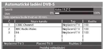 Automatické ladění DVB-S Satelit Astra 19.2" E Stav 0% 100% Tato operace bude trvat asi 30 min. Č Název kanálu Typ Kvalita 1 CBBC Channel Neplacené TV: 100 2 BBC Radio Wales Neplacené TV: 100 3 E4 Neplacené TV: 100 Neplacené TV: 3 Placené TV: 0 Rozhlas: 0 Probíhá vyhlédávání