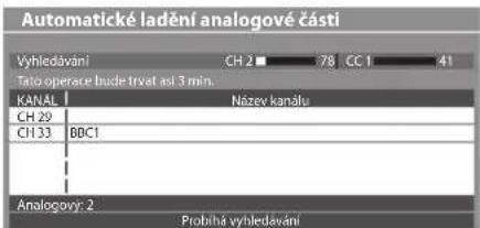 Automatické ladění analogové části Vyhledávání CH 2 78 CC 1 41 Tato operace hude trvat asi 3 min. KANAL Název kanálu CH 29 CH 33 BDC1 Analogovy: 2 Probíhá vyhledávání