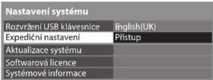 Nastavení systému Rozvržení USB klávesnice Expediční nastavení English(UK) Přístup Aktualizace systému Softwarová licence Systémové informace