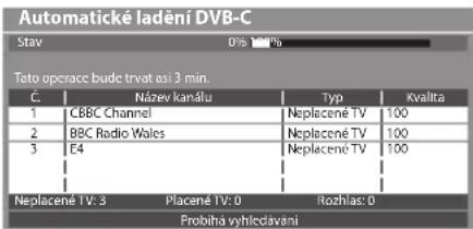 Automatické ladění DVB-C Stav 0% 100% Tato operace bude trvat asi 3 min. Č Název kanálu Typ Kvalita 1 CBBC Channel Neplacené TV 100 2 BBC Radio Wales Neplacené TV 100 3 E4 Neplacené TV 100 Neplacené TV: 3 Placené TV: 0 Rozhlas: 0 Probiha vyhledávani