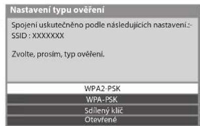 Nastavení typu ověření Spojení uskutečněno podle následujících nastavení:- SSID : XXXXXXXX Zvolte, prosím, typ ověření. WPA2-PSK WPA-PSK Sdílený klič Otevřené