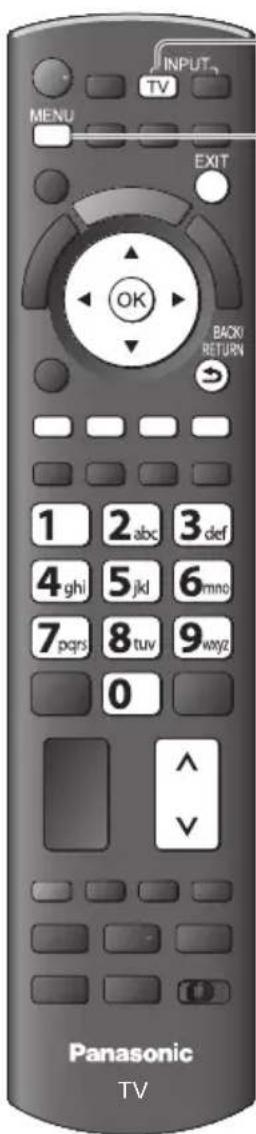 INPUT TV MENU EXIT OK BACKY RETURN 1 2 abc 3 def 4 ghi 5 jkd 6 mno 7 pqrs 8 tuv 9 wyz 0 ^ V Panasonic TV