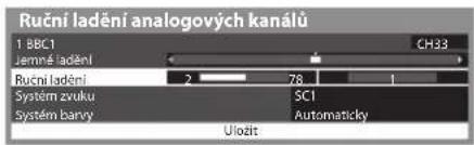 Ruční ladění analogových kanálů 1 BBC1 Jemné ladění CH33 Ruční ladění 2 78 1 Systém zvuku SC1 Systém barvy Automaticky Uložit