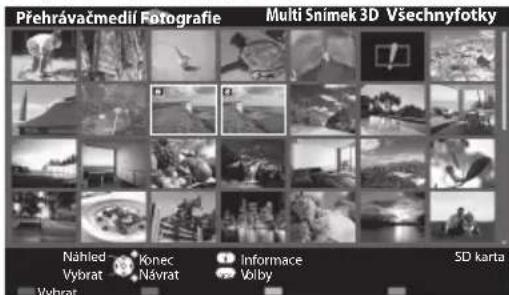 Přehrávačmedií Fotografie Multi Snímek 3D Všechnyfotky Náhled Konec Informace 5D karta Vybrat Návrat Volby Vybrat