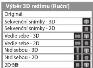 Výběr 3D režimu (Ruční) Originál Sekvenční snímky - 3D Sekvenční snímky - 2D Vedle sebe - 3D Vedle sebe - 2D Nad sebou - 3D Nad sebou - 2D 2D-3D