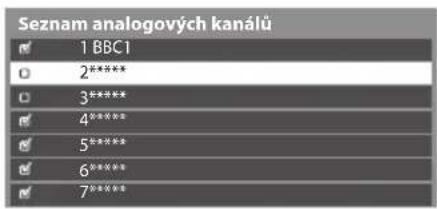 Seznam analogových kanálů ✓ 1 BBC1 ○ 2**** ○ 3**** ✓ 4**** ✓ 5**** ✓ 6**** ✓ 7*