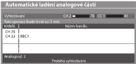 Automatické ladění analogové části Vyhledávání CH 2 ▪ 78 CC 1 41 Tato operace bude trvat asi 3 min. KANÁL Název kanálu CH 29 CH 33 BBC1 Analogový: 2 Probihá vyhledávání