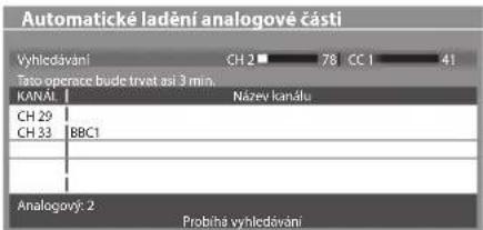 Automatické ladění analogové části Vyhledávání CH 2 ■ 78 CC 1 41 Taso operace bude trvet asi 3 min. KANÁL Název kanálu CH 29 CH 33 BBC1 Analogový: 2 Probiha vyhledávání