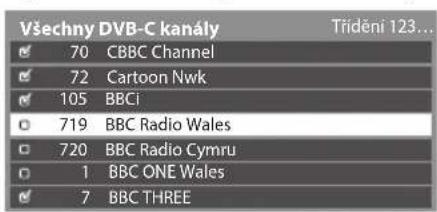 Všechny DVB-C kanály 70 CBBC Channel 72 Cartoon Nwk 105 BBCi 719 BBC Radio Wales 720 BBC Radio Cymru 1 BBC ONE Wales 7 BBC THREE Trídění 123...