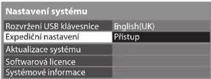 Nastavení systému Rozvržení USB klávesnice Expediční nastavení Aktualizace systému Softwarová licence Systémové informace English(UK) Přístup