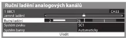 Ruční ladění analogových kanálů 1 BBC1 Jemné ladění CH33 Ruční ladění 2 78 1 Systém zvuku SC1 Systém bany Automaticky Uložit