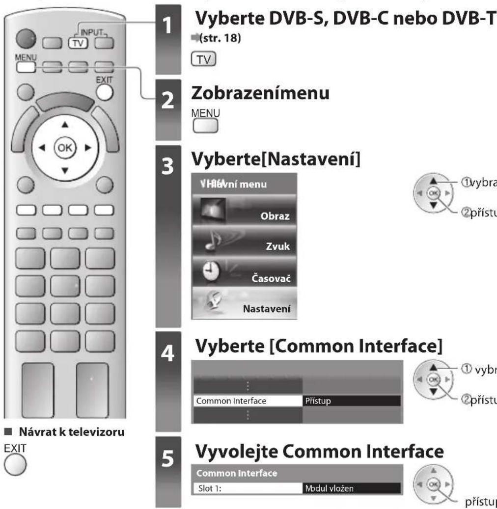 1 Vyberte DVB-S, DVB-C nebo DVB-T (str. 18) TV 2 Zobrazenímenu MENU 3 Vyberte[Nastavení] VH6vni menu Obraz Zvuk Časovač Nastavení 4 Vyberte [Common Interface] Common Interface Pfístup 5 Vyvolejte Common Interface Common Interface Slot 1: Modul vložen ■ Návrat k televizoru EXIT přístup
