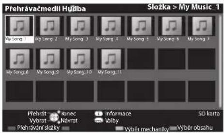 Přehrávačmedli Hußba Složka > My Music_1 My Song 1 My Song 2 My Song 3 My Song 4 My Song 5 My Song 6 My Song 7 My Song 8 My Song 9 My Song_10 My Song_11 Přehrát Ionec Informace SD karta Vyorat Navrat Volby Výběr mechanky Výběr obsahu Přehrávání složky