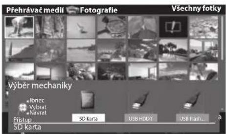 Přehrávač medíl Fotografie Všechny fotky Výběr mechaniky • Konec Vybrat • Navret Pristup SD karta 5D karta USB HDD1 USB Flash... a