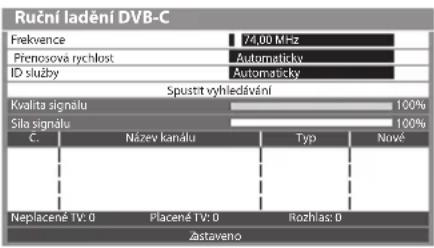 Rutční ladění DVB-C Frekvence V4.00 MHz Přenosová rychlost Automaticky ID služby Automaticky Spustit vyhledávání Kvalita signalu 100% Sila signalu 100% C. Název kanálu Typ Nové Neplacené TV: 0 Placené TV: 0 Rozhlas: 0 Zastaveno