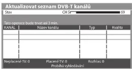 Aktualizovat seznam DVB-T kanálů Stav CH Sr 69 Tato operace bude trvat asi 3 min. KANÁL Název kanálu Typ Kvalita Neplacené TV: 0 Placené TV: 0 Rozhlas: 0 Problíhá vyhledávání