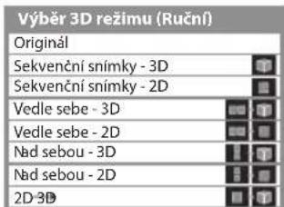 Výběr 3D režimu (Ruční) Originál Sekvenční snímky - 3D Sekvenční snímky - 2D Vedle sebe - 3D Vedle sebe - 2D Nad sebou - 3D Nad sebou - 2D 2D-3D