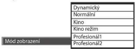 Dynamický Normální Kino Kino režim Profesionál1 Profesionál2 Mód zobrazení
