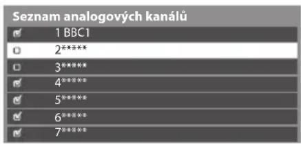Seznam analogových kanálů ✓ 1 BBC1 ☐ 2**** ☐ 3**** ☑ 4**** ☑ 5**** ☑ 6**** ☑ 7*