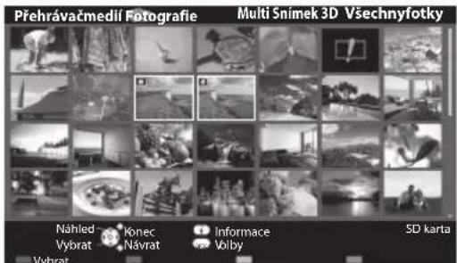 Přehrávačmedií Fotografie Multi Snímek 3D Všechnyfotky Náhled Konec Informace 5D karta Vybrat Návrat Volby Vybrat