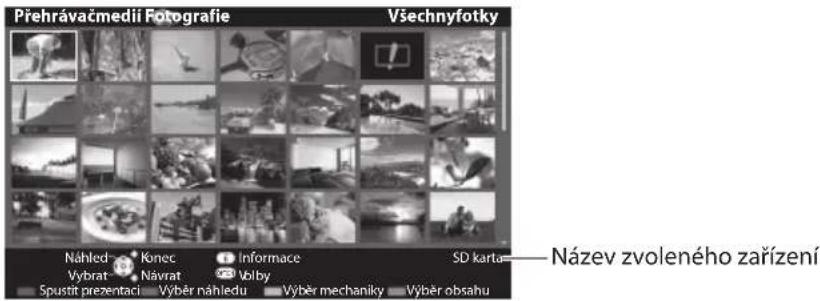 Přehrávačmedii Fotografie Všechnyfotky Náhled • Konec • Informace • SD karta Vybrat • Návrat • Volby • Spustit prezentaci • Výběr náhledů • Výběr mechaniky • Výběr obsahu Název zvoleného zařízení