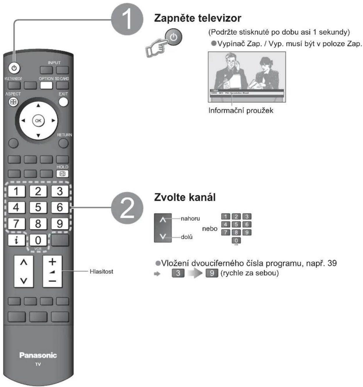 1 Zapněte televizor (Podržte stisknuté po dobu asi 1 sekundy) • Vypínač Zap. / Vyp. musí být v poloze Zap. Informační proužek 2 Zvolte kanál Panasonic TV Hlasitost Vložení dvouciferného čísla programu, např. 39 3 → 9 (rychle za sebou)