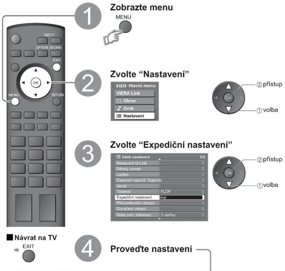 1 Zobrazte menu MENU 2 Zvolte "Nastavení" VIERA Hlavní menu VIERA Link Obraz Zvuk Nastavení 3 Zvolte "Expediční nastavení" Dalši nastavení 1/2 Nastavení Q-Link Dělský zámek Ladění Časovač vypnutí Vypnuto Jazyk Teletext FLOF Expediční nastavení stip Převzorkování obrazu Označení vstupů Doba zobr. informací 3 vleřiny 4 Proved'te nastavení ■ Návrat na TV EXIT