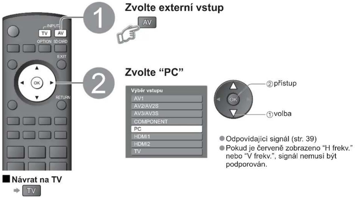 Zvolte externí vstup 1 AV 2 Zvolte "PC" Výběr vstupu AV1 AV2/AV2S AV3/AV3S COMPONENT PC HDMI1 HDMI2 TV ② přístup OK ① volba Návrat na TV TV Odpovídající signál (str. 39) Pokud je červeně zobrazeno "H frekv." nebo "V frekv.", signál nemusí být podporován.