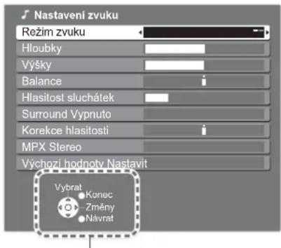Nastavení zvuku Režim zvuku Hloubky Výšky Balance Hlasitost sluchátek Surround Vypnuto Korekce hlasitosti MPX Stereo Výchozi hodnoty Nastavit Vybrat Konec Změny Návrat