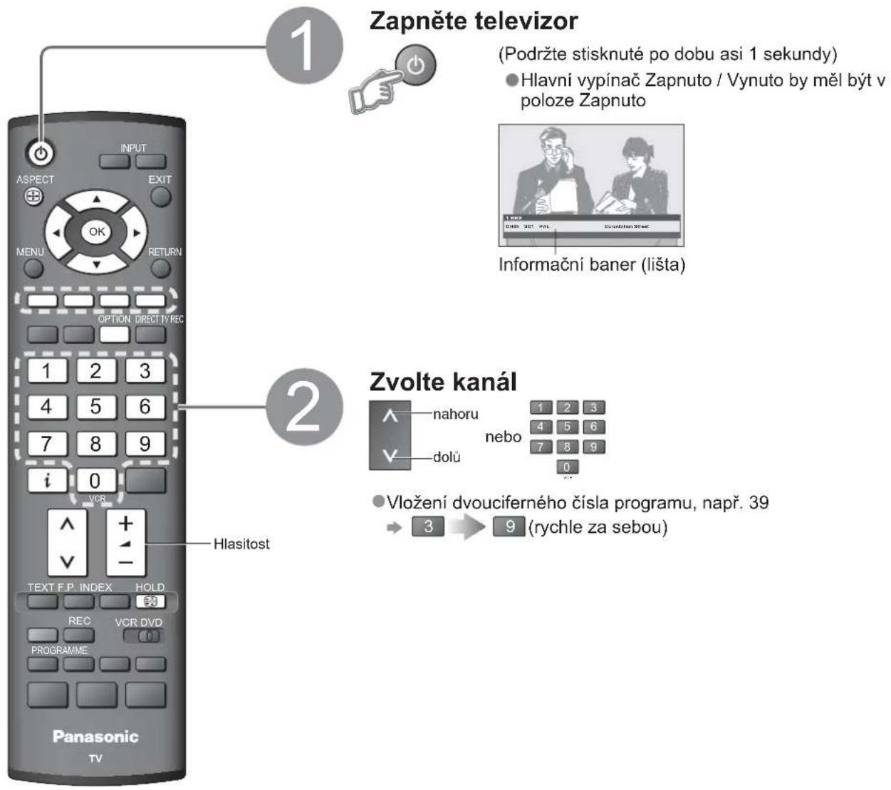 1 Zapněte televizor (Podržte stisknuté po dobu asi 1 sekundy) Hlavní vypínač Zapnuto / Vynuto by měl být v poloze Zapnuto Informační baner (lišta) 2 Zvolte kanál nahoru nebo dolů Vložení dvouciferného čísla programu, např. 39 3 (rychle za sebou) TFT F.P. INDEX HOLD REC VCR DVD PROGRAMME Panasonic TV