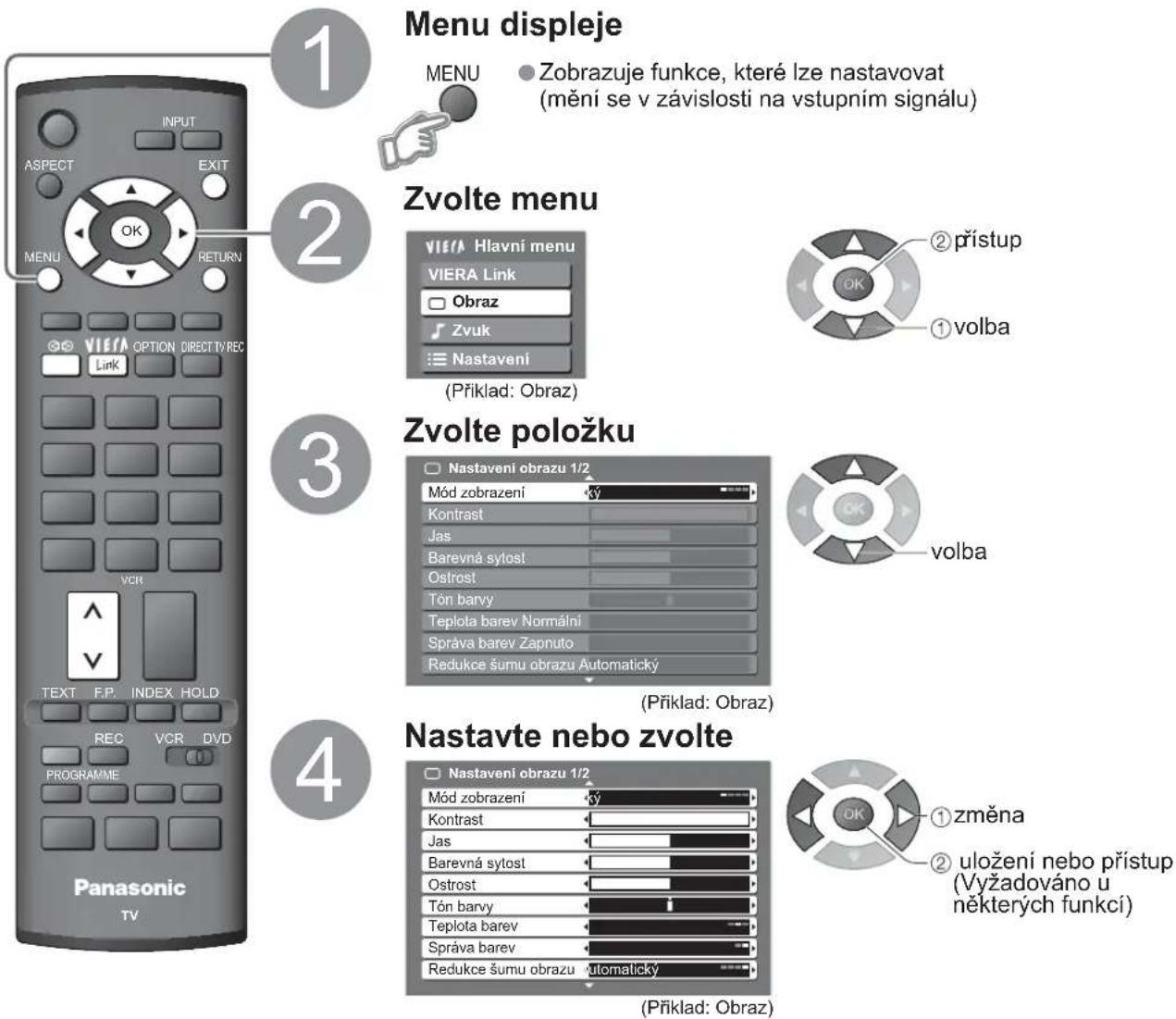 Menu displeje MENU Zobrazuje funkce, které lze nastavovat (mění se v závislosti na vstupním signálu) Zvolte menu VIERA Hlavní menu VIERA Link Obraz Zvuk Nastavení (Příklad: Obraz) ② přístup ① volba Zvolte položku Nastavení obrazu 1/2 Mód zobrazení ký Kontrast Jas Barevná sytost Ostrost Tón barvy Teplota barev Normální Správa barev Zapnuto Redukce šumu obrazu Automatický (Příklad: Obraz) Nastavte nebo zvolte Nastavení obrazu 1/2 Mód zobrazení ký Kontrast Jas Barevná sytost Ostrost Tón barvy Teplota barev Správa barev Redukce šumu obrazu Automatický (Příklad: Obraz) ① změna ② uložení nebo přístup (Vyžadováno u některých funkcí)