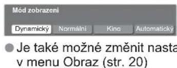 Mód zobrazení Dynamický Normální Kina Automatický Je také možné změnit nasta v menu Obraz (str. 20)