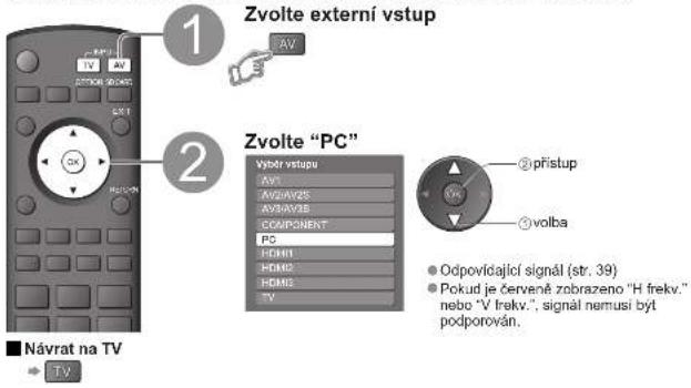 Zvolte externí vstup Zvolte "PC" Návrat na TV TV AV AV AV AV AV AV AV AV AV AV AV AV AV AV AV AV AV AV AV AV AV AV AV AV AV AV AV AV AV AV AV AV AV AV AV AV AV AV AV AV AV AV AV AV AV AV AV AV AV AV 2 přístup 3 volba Odpovídající signál (str. 39) Pokud je červená zobrazeno "H frekv." nebo "V frekv.", signál nemusi byt podporován.
