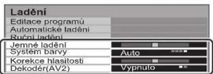 Ladění Editace programů Automatické ladění Ruční ladění Jemné ladění System barvy Korekce hlasitosti Dekodér(AV2) Auto Vypnuto