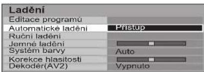 Ladění Editace programů Automatické ladění Přístup Ruční ladění Jemné ladění Systém barvy Auto Korekce hlasitosti Dekodér(AV2) Vypnuto