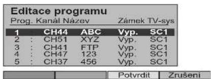 Editace programu Prog. Kanál Název Zámek TV-sys 1 CH44 ABC Vyp. SC1 2 : CH51 XYZ Vyp. SC1 3 : CH41 FTP Vyp. SC1 4 : CH47 123 Vyp. SC1 5 : CH37 456 Vyp. SC1 Potvrdit Zrušení