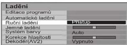 Ladění Editace programů Automatické ladění Ruční ladění Jemné ladění System barvy Korekce hlasitosti Dekoděr(AV2) Přístup Auto Vypnuto
