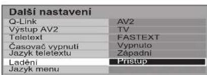 Další nastavení Q-Link AV2 Výstup AV2 TV Telelexl FASTEXT Časovač vypnutí Vypnuto Jazyk teletextu Západní Ladění Fřisup Jazyk menu