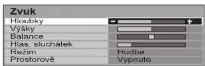 Zvuk Hloubky Výšky Balance Hlas, sluchátek Režim Prostorově Hudba Vypnuto