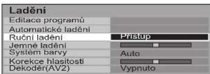 Ladění Editace programů Automatické ladění Ruční ladění Pfístup Jemné ladění System barvy Auto Korekce hlasitosti Dekoděr(AV2) Vypnuto