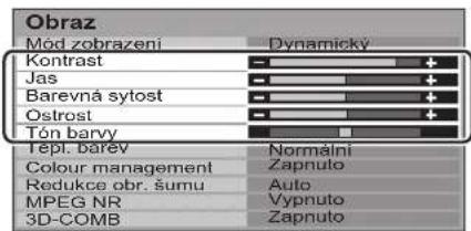 Obraz Mód zobrazeni Kontrast Jas Barevná sytost Ostrost Tón barvy Tepl. barev Colour management Redukce obr. šumu MPEG NR 3D-COMB Dynamicky Normální Zapnuto Auto Vypnuto Zapnuto