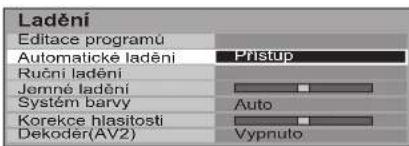 Ladění Editace programů Automatické ladění Přístup Ruční ladění Jemné ladění Systém barvy Auto Korekce hlasitosti Dekoder(AV2) Vypnuto